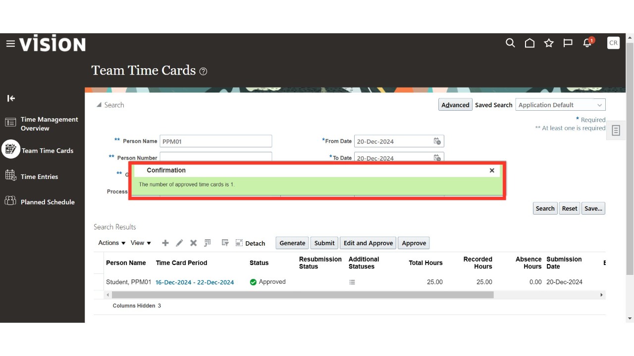 Click 'The number of approved time cards is 1.'