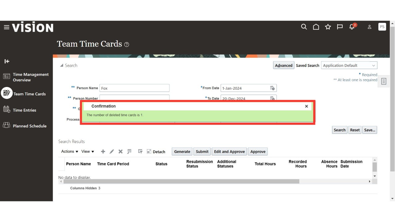 Click 'The number of deleted time cards is 1.'