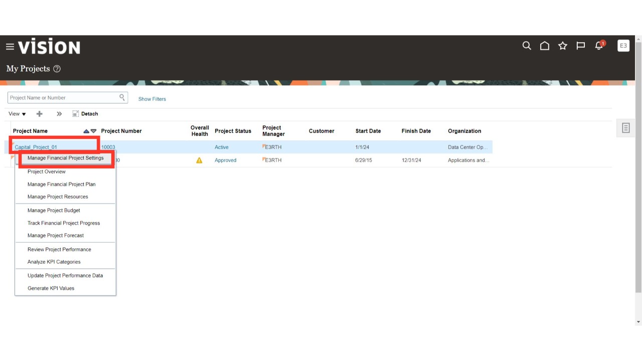 Click 'Manage Financial Project Settings'