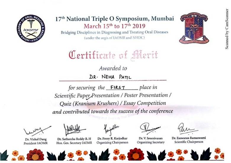Faculty Award First place in scientific paper presentation at 17th national triple O symposium