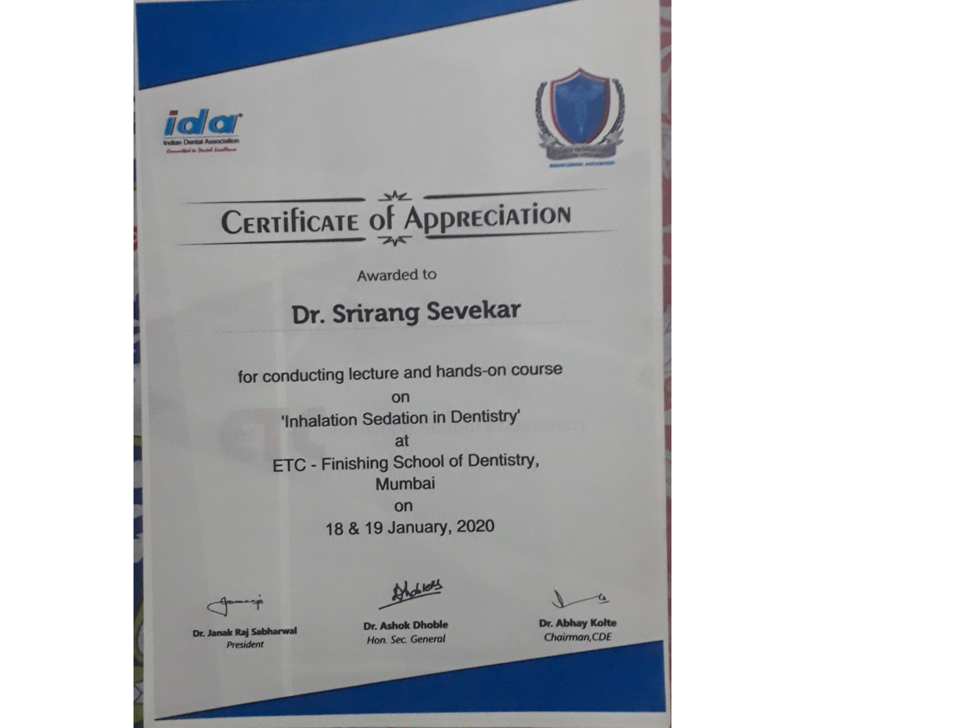 Certificate of appreciation awarded to Dr Shrirang sevekar for conducting guest lecture on inhalation sedation at ETC