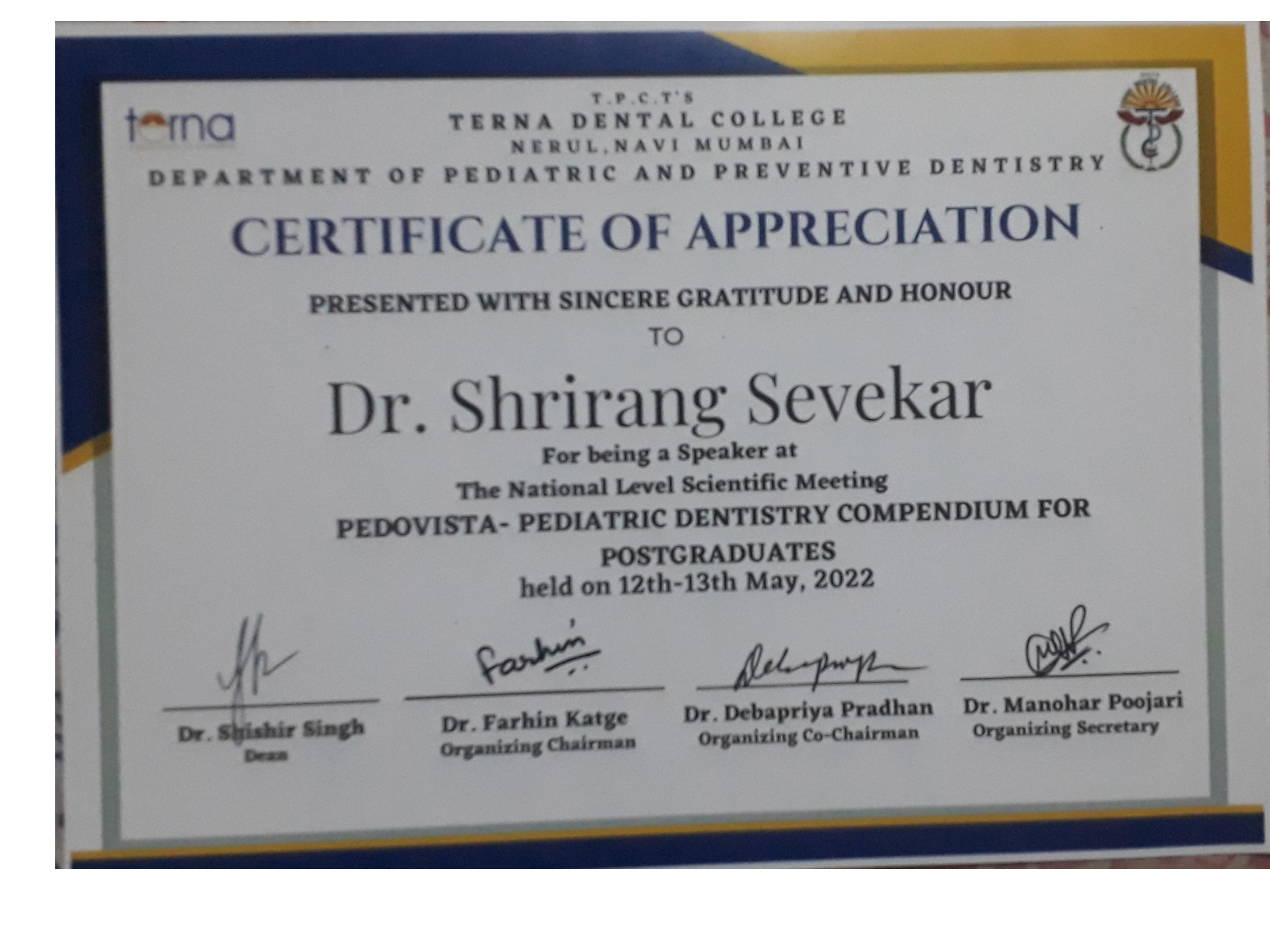 Certificate of appreciation for guest lecture conducted by Dr Shrirang at Pedovista 2022