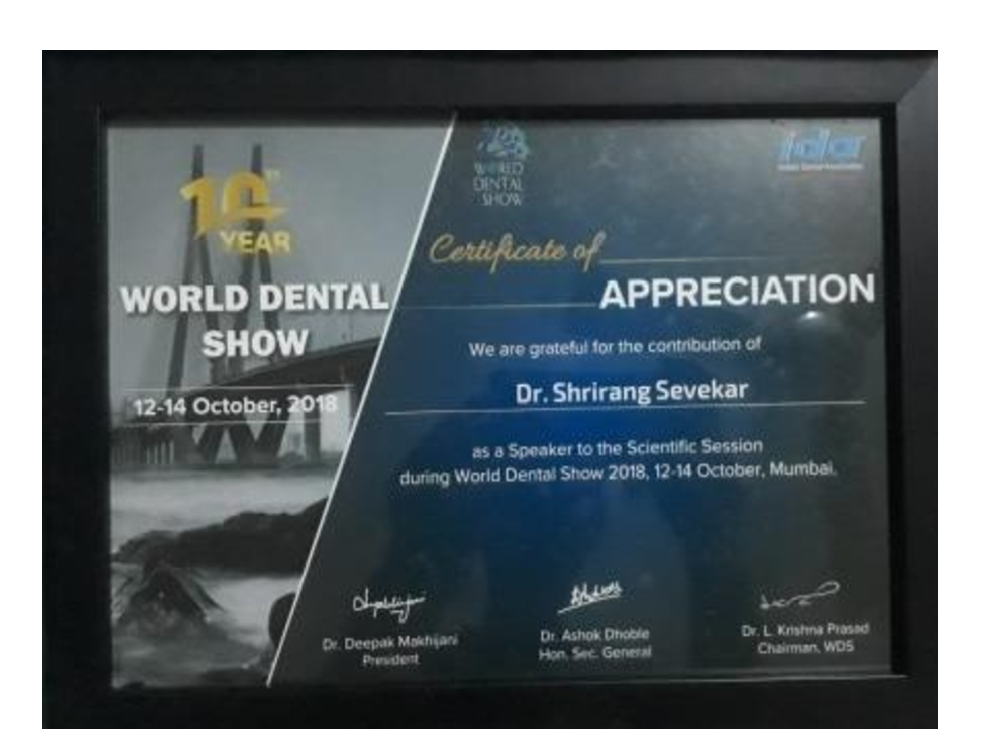 Certificate of appreciation to Dr Shrirang Sevekar at WDS